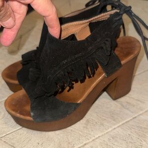 Musse & Cloud Leather Ankle Strap suede fringe Clog Sandals platforms size 9